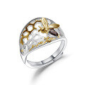 wholesale S925 Silver Designer Natural Style Adjustable Open Beehive Design Ring with Natural Gemstone-0-7