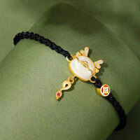 wholesale 925 Silver White Jade Fortune Cute Dragon Bracelet for Women, Chinese Zodiac Dragon Red Cord Accessory New Year Gift Jewelry-xb1424-gold black