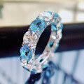 wholesale 925 Silver European and American Micro-Paved Round Diamond 5*5 Aquamarine Women's Index Finger Ring-0-7
