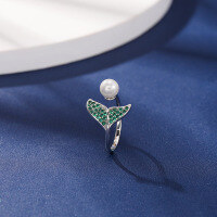 wholesale S925 Sterling Silver Mermaid Tail Ring for Women, Adjustable Open Ring, Small Pearl Accent, Niche Design, Luxury Cross-border New Accessory-Fishtail Pearl Open Ring Adjustable opening
