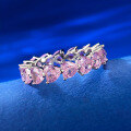 wholesale S925 silver jewelry, heart-shaped row diamond ring stacked with pink diamond ring, women's ins-style sweet heart-shaped ring band-0-2