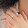 wholesale S925 Sterling Silver Black Onyx Ring for Women, Small and Fashion-Forward, Minimalist Interlocking Geometric Adjustable Open Band-0-3