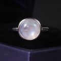 wholesale S925 Sterling Silver Simple and Elegant Natural Moonstone Ring, 10mm Round High-Quality Blue Flash Moonstone Ring-0-1
