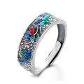 wholesale S925 Sterling Silver Retro Antique Style Resin Lotus Koi Fish Hollow-Out Design Matte Finish Adjustable Ring-0-4