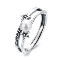 wholesale S925 Sterling Silver Small Chanel-style Five-pointed Star Pearl Line Irregular Ring Korean-Japanese Fashion Elegant Index Finger Ring for Women-418FJ/A model weighs approximately 2.36 grams. Opening is adjustable.
