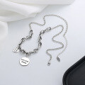 wholesale S925 Sterling Silver Double Loop Egg-shaped Chain with Round Plaque "Dreams Come True" Necklace, Women's Trendy Ins Collarbone Chain-0-2