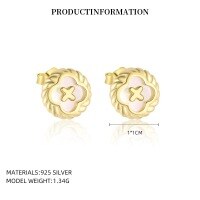 wholesale S925 Sterling Silver Round Vintage Button Earrings With Inlaid White Shell, Luxury Advanced Style, Cross-border Wholesale-YE0207_White Shell_18K Yellow Plated_Pair_With Small Flower Ear Cap 925 Silver