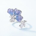 wholesale Metal light luxury high-end gradient openwork enamel blue petal ring for women, elegant and versatile adjustable open ring-0-2