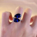 wholesale S925 silver new drop-shaped natural vintage blue sapphire 6*8mm adjustable open ring-0-3