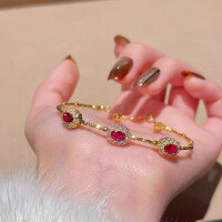 wholesale S925 silver jewelry-style New Year's ruby ribbon tourmaline elastic bracelet, palace-style good luck design-B147 Gold Ruby Bracelet>925 Silver