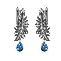 wholesale S925 Sterling Silver Vintage Feather Jewelry Set with Gemstone Earrings Pendant Brooch and Natural Topaz Crystal Ring-Natural London Blue Topaz Earrings