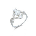 wholesale 925 sterling silver white gold plated classic hollow-out leaf freshwater pearl zircon ring women, lightweight luxury European and American style wholesale-0-1