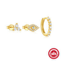 wholesale S925 Sterling Silver Geometric Teardrop Evil Eye Diamond Accent Earring Hoop and Stud Set-Set of 3 - Gold #5 925 Silver