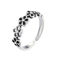 wholesale 925 silver vintage flower ring for women, Korean style five-flower antique silver weathered luxurious blossom adjustable ring-xb1185-Thai silver