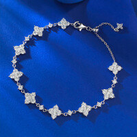 wholesale S925 Silver New Full Diamond Floral Simple and Sweet FashionSilver Bracelet for Women Drop Shipping-B124 White Gold [Adjustable] 925 Silver