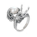 wholesale S925 Silver Retro Vintage Unique and Bold Dragon Playing with Pearl Creative Design Trendy Pearl Open Ring-0-3