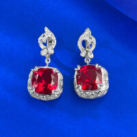 wholesale S925 silver jewelry new design 10*10 red diamond chunky square earrings for women, lightweight luxury vintage style, suitable for cross-border live streaming-E647 Red Diamond Earrings>925 Silver
