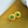 wholesale Gold-Plated 925 Silver Inlaid with Hetian Green Jade Semi-Circular Elegant Ear Studs, Minimalist Green Jade Earrings for Women-0-5