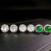 wholesale S925 Silver Ear Studs Women Cabochon Jadeite Pigeon Egg High Ice Imperial Green Earrings New Chinese Style Round Bezel Full Diamond-Chalcedony-ED179-T