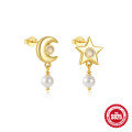 wholesale S925 Sterling Silver Star Moon Pearl Moonstone Diamond Inlaid Stud Earrings,-0-17