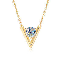 wholesale S925 Sterling Silver Moissanite Minimalist V-Shaped Necklace for Women, Luxurious and Fashionable Niche Design Collarbone Chain-1 carat yellow gold (moissanite) necklace  925 silver
