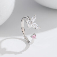 wholesale S925 Sterling Silver Niche Design Butterfly Ring for Women with Small Pink Diamond Heart, Temu's Popular Accessory-White gold ring Adjustable opening
