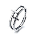 wholesale S925 Sterling Silver Trendy Double Cross Retro Hollow-Out Twist Adjustable Ring Unisex-0-5