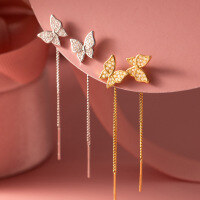 wholesale Sterling Silver Diamond Butterfly Ear Thread Ins Niche Luxury Advanced Full Diamond Fringe Long Earrings M02940-S925 silver pair silver 925 silver