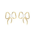 wholesale S925 Sterling Silver Sweet Style Bow-Shaped Connected Pearl Earrings, Luxury Internet-Famous Elegant Women's Jewelry-0-4