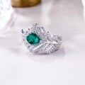 wholesale S925 Silver Cross-border Custom Feather Cultivated Emerald Index Ring European and American Style Cultivated Colored Gemstone Ring Wholesale-0-2