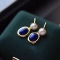 wholesale S925 silver with 18k gold plating, natural lapis lazuli pearl drop earrings, ethnic style popular women's earrings-0-3