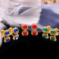wholesale 925 Silver Japanese and Korean Light Luxury Retro Style Embossed Geometric Earrings with Green Carnelian Red and Blue Earrings-0-0