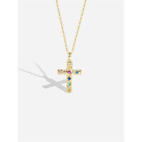 wholesale S925 Sterling Silver Colored Zircon Cross Pendant Necklace With Crinkle Texture-A3342-Gold 925 Silver