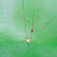 wholesale 9k gold Japanese retro-style square emerald pearl ruby necklace, Spring new collection by Yili Jewelry-Emerald Pearl Necklace 9K