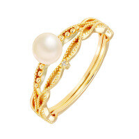wholesale S925 silver plated with 14k gold, Japanese retro-style white zirconia pearl hollow-out stackable rings-Pearl Hollow Ring No. 7
