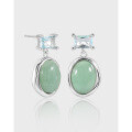wholesale S925 Sterling Silver 590 New Chinese Style Small and Unique Geometric Oval Inlaid Diamond Aventurine Earrings for Women-0-0