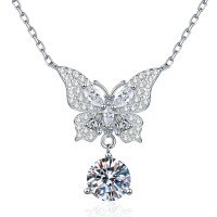 Sterling Silver Moissanite Runaway Princess Bow Butterfly Necklace-6.5mm high-carbon stone  925 silver