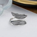 wholesale S925 Sterling Silver Vintage Antique Ginkgo Double Feather Ring, Simple and Elegant Minimalist Understated Style for Women-0-1