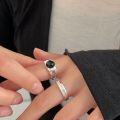 wholesale S925 Sterling Silver Black Agate Round Ring for Women, Japanese and Korean New Style Minimalist and Versatile Geometric Ring-0-1
