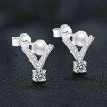 S925 Silver V-Shaped Pearl Earrings with D Color Moissanite and Natural Freshwater Pearls-0-0