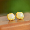 wholesale 925 Silver with Certificate, New Chinese Style Square Ancient Pattern Inlaid Jade Earrings, Simple Hetian Jade Stud Earrings for Women-0-0