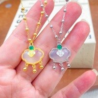 wholesale S925 Sterling Silver Chalcedony "Fu" Character Longevity Lock Necklace, Fashionable National Trend Style, Niche Design, High-End Sense Collarbone Chain-Fu Brand Peace Lock Necklace - Gold > 925 Silver