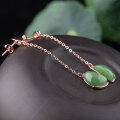 wholesale 925 Sterling Silver Jasper Earrings, Long Rose Gold-Plated Inlaid Hetian Jade Ear Drops, Palace Minimalist Hanfu Style-0-5