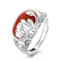 wholesale S925 Sterling Silver Heavy Craft Retro Lotus Pattern Southern Red Agate Ring Ethnic Style Elegant Index Finger Ring-0-5