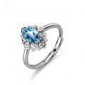 Sterling Silver Natural Blue Topaz Moissanite Ring, 1 Carat Full Diamond Oval Halo-0-3