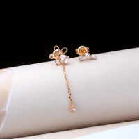 wholesale 925 Silver Korean-style Lady Earrings, Asymmetric Flower Design with Pink Crystal Teardrop Shape, Small and Unique-Asymmetrical rose gold earrings 925 silver