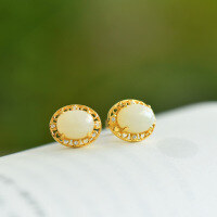 wholesale 925 silver gold-plated hollow floral earrings with certificate, set with zircon and Hetian white jade, for women-Gold-plated>925 silver