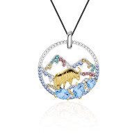 wholesale S925 Silver Designer High-End Animal Element Pendant Natural Style Design with Natural Garnet Necklace Pendant-Swiss Blue Topaz Pendant (Including Silver Chain)