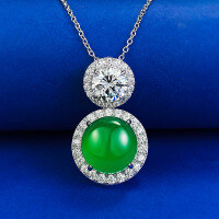 wholesale S925 silver jewelry new style inlaid with emerald-green imperial green round cabochon pendant green chalcedony necklace-N355 Chrysoprase [with chain]  925 silver