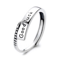 wholesale S925 Sterling Silver Retro Minimalist English Letter "Good Luck" Ring, Stylish Vintage Hong Kong Style Index Finger Ring for Women-305FJ/approx. 2.3g Adjustable opening